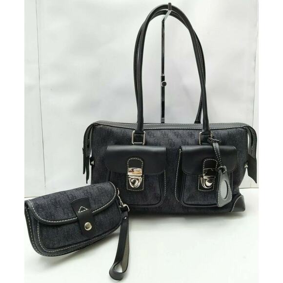 Dooney & Bourke Black Canvas DB Printed Pockets Zipper Satchel Bag w/ Wallet - Picture 1 of 14